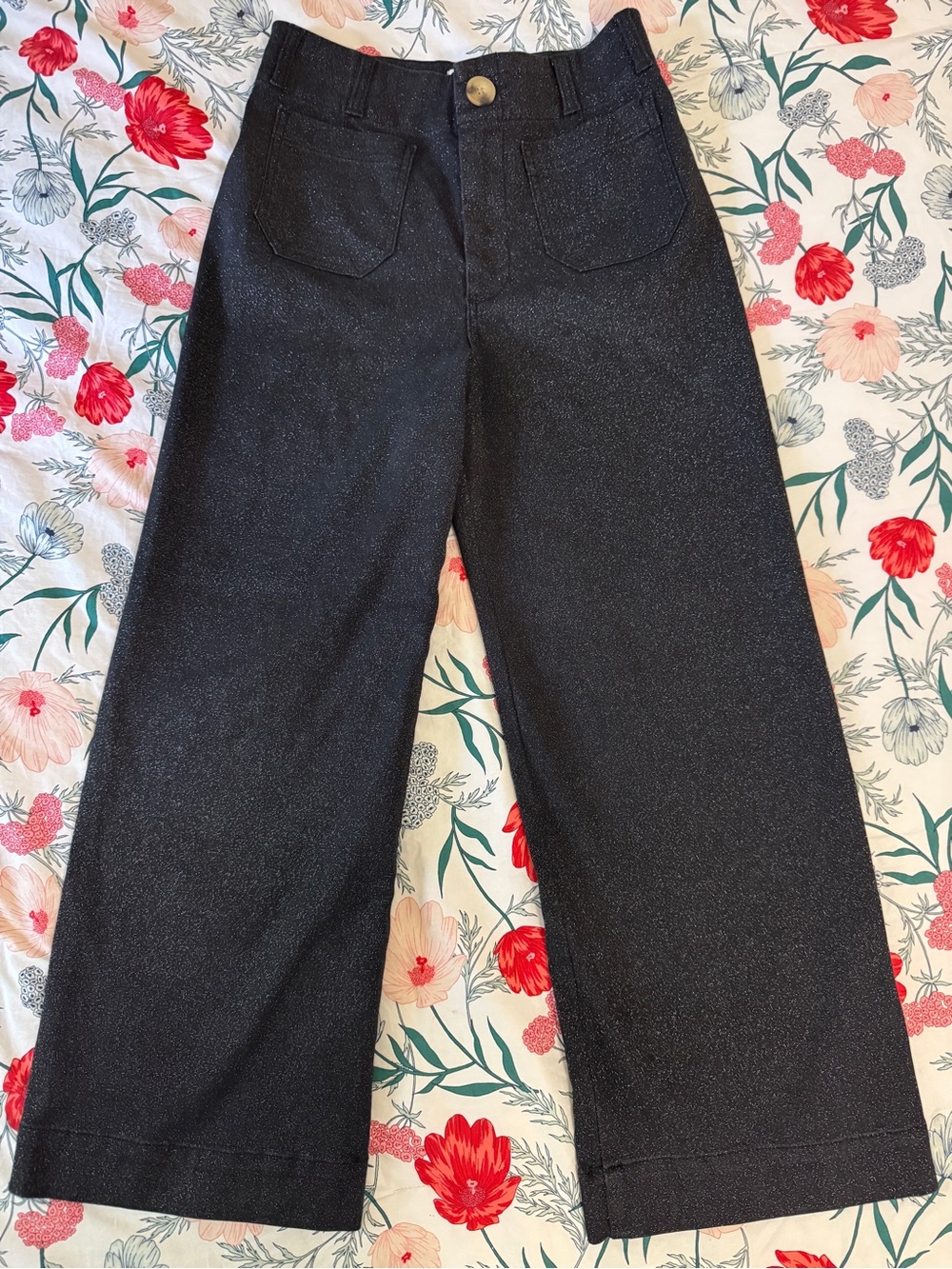 Anthro Maeve Colette Pants Sparkle Edition Black Wide Leg Crop Lurex 27 EUC - Picture 9 of 10